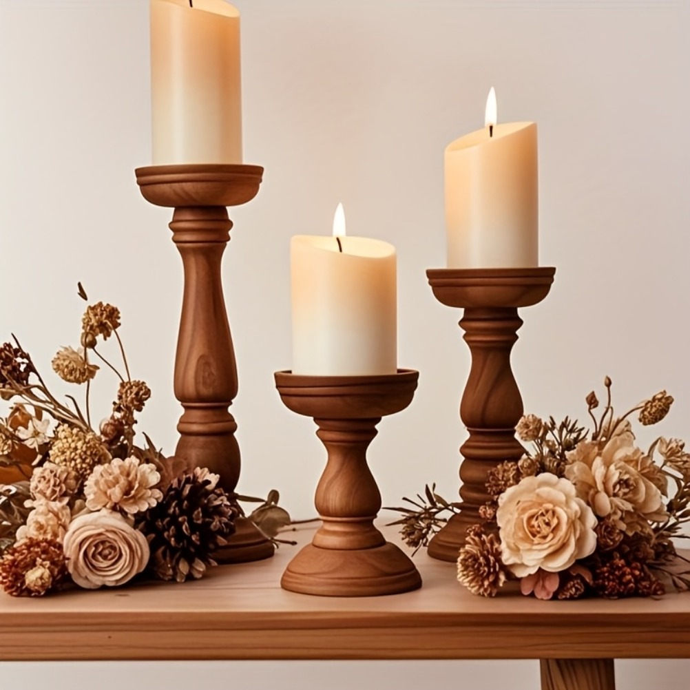 Candle Zero - ヴィンテージ木製キャンドルホルダー 3 個バレンタインデー結婚式円筒形キャンドルホルダーデスクトップ装飾クリスマス装飾