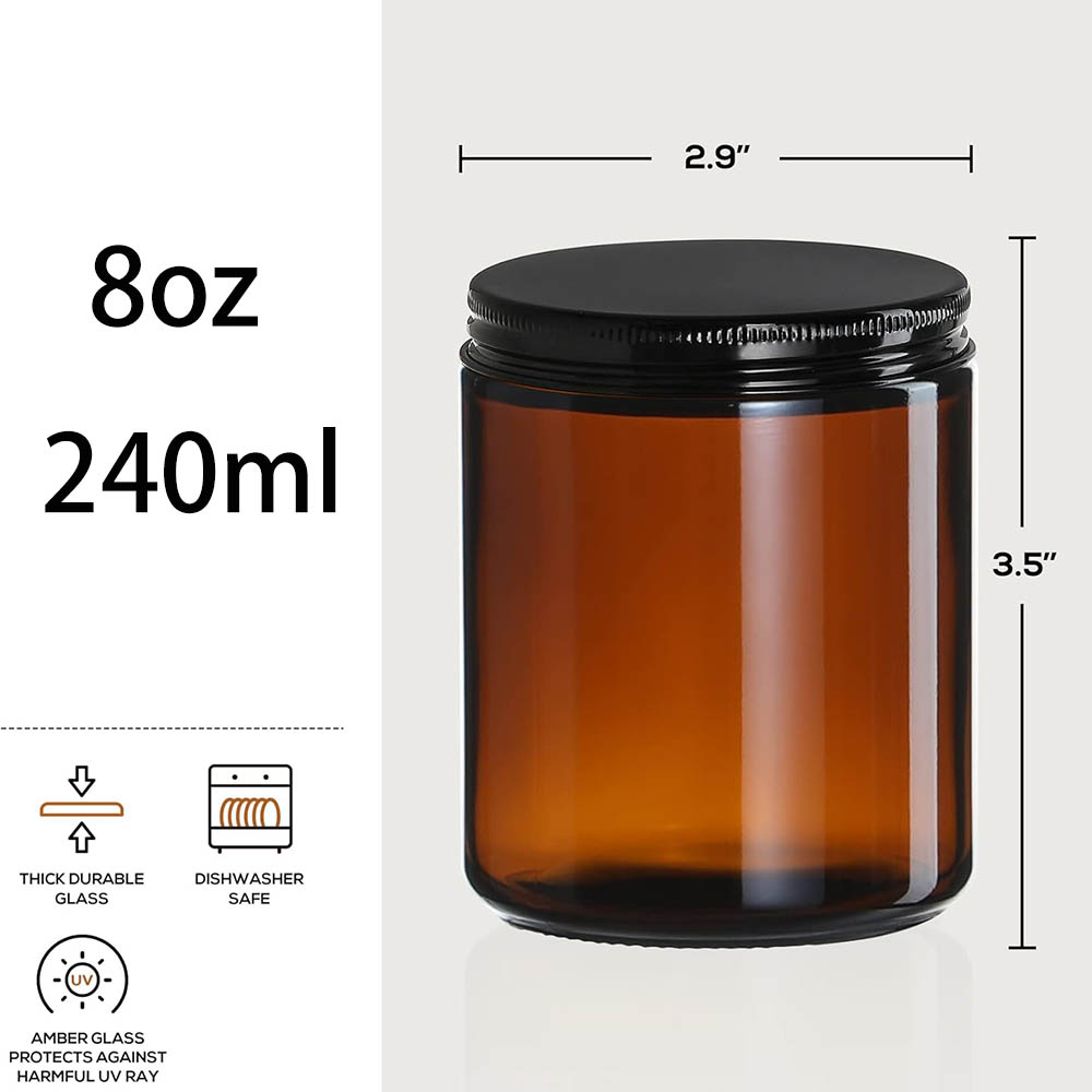 8オンスの琥珀色ガラス瓶（黒蓋付き）- キャンドル作り、食品 - Candle Zero のレビューと価格